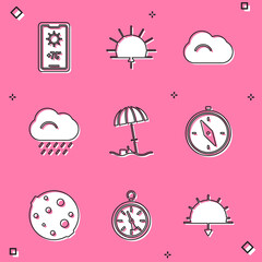 Set Weather forecast, Sunrise, Cloud, with rain, protective umbrella beach, Compass, Moon and icon. Vector