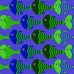 Fototapeta premium vector pattern with cute purple and green decorative fish. Funny multicolor background, sea texture