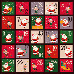 Christmas december advent calendar with numbered parts and cute winter Santa Claus and xmas elf characters for cut down. Vector flat cartoon illustration.