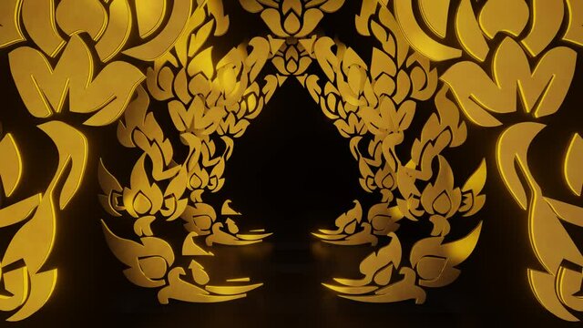 Thai pattern frame is flying through the dark scene., 4К Background Animation of seamless loops