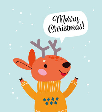 Cute animal reindeer in winter scarf, Merry Christmas congratulation in text bubble isolated. Vector flat cartoon illustration. Scandinavian style. For children card, pattern, banner, print, package.
