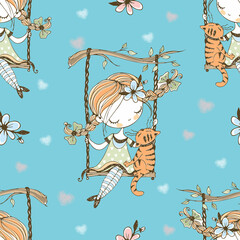 A cute girl with pigtails swings on a swing with her cat. Vector.