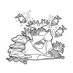 Coral reef inhabitants fish around sponges and corals growing on rocks coloring book linear drawing isolated on white background