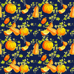 Obraz na płótnie Canvas Watercolor, Seamless, paper, pattern, Pumpkins, orange autumn pumpkin fruits.The background is seamless paper.