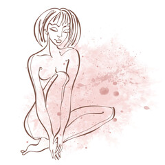 Line art. A beautiful girl is drawn with one line. On a watercolor background. Fitness. Vector