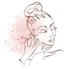 Line art. The girl's face is drawn with one line. Beauty injections. Cosmetology logo. Beauty salon.On a watercolor spot. Vector