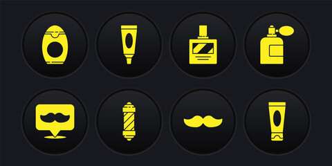 Set Barbershop, Aftershave bottle with atomizer, Classic pole, Mustache, Cream or lotion cosmetic tube, and Bottle of shampoo icon. Vector