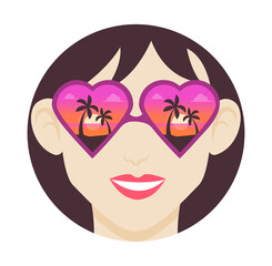 Portrait of smiling girl in sun glasses. The lenses of the glasses reflect the beach with palm trees and the sea at sunset. The concept of summer vacation, tourism, travel. Vector