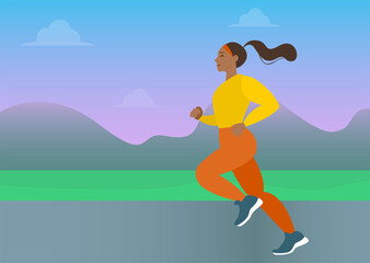 Fototapeta na wymiar A girl in sportswear is jogging, runs outdoors. Landscape with a park or forest and a sunset on the background of a jogging road. Sports vector illustration, outdoor sports concept
