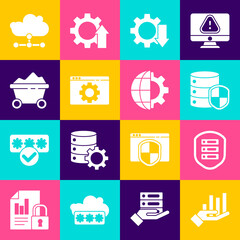 Set Pie chart infographic, Server with shield, Cost reduction, Browser setting, Coal mine trolley, Network cloud connection and Globe of the Earth and gear icon. Vector