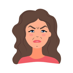 Disgust. A young dissatisfied girl in a flat style. Avatar is a brunette girl. Vector illustration
