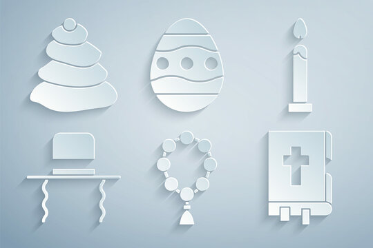 Set Rosary beads religion, Burning candle, Orthodox jewish hat with sidelocks, Holy bible book, Easter egg and Stack hot stones icon. Vector - Powered by Adobe