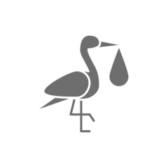 Crane bird with baby bag, stork grey icon.
