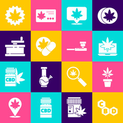 Set Cannabis molecule, Marijuana or cannabis plant, Laptop and marijuana, Location, Herbal ecstasy tablets, Manual grinder, leaf and Smoking pipe icon. Vector