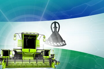 Farm machinery modernisation concept, 3 green modern wheat combine harvesters on Lesotho flag - digital industrial 3D illustration