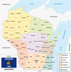 Vector map of the regions of the US state of Wisconsin with flag