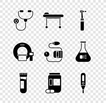Set Stethoscope, Stretcher, Tooth drill, Test tube with blood, Medicine bottle and pills, Medical digital thermometer, Tomography and Blood pressure icon. Vector
