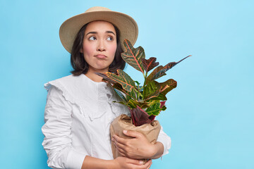 Photo of sad Asian woman with short dark hair holds potted houseplant buys domestic flower for present wears stylish white blouse and hat isolated over blue background copy space for your text