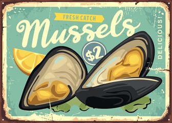 Mussels with lemon and parsley graphic ad for seafood restaurant. Vintage sign with freshly caught  oysters and mussels. Food vector illustration. 