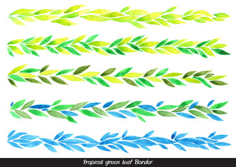 Tropical green leaves watercolor border for decoration on natural and tea concept.