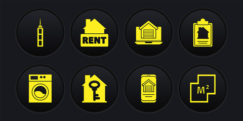 Set Washer, House contract, with key, Online real estate house, Hanging sign Rent, plan and Skyscraper icon. Vector