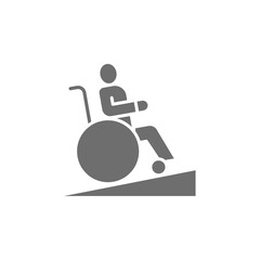 Man in wheelchair, wheelchair ramp, people with mobility problems grey icon.