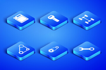 Set Wrench spanner, Canister for gasoline, Timing belt kit, Car key with remote and Chassis car icon. Vector