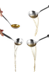 Dipper pouring noodle soup on white background, Soup for sukiyaki from chicken and fish