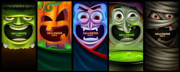 set of vertical banners for halloween with scary characters - obrazy, fototapety, plakaty