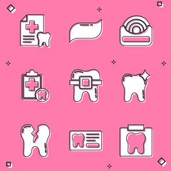 Set Dental card, Toothpaste, floss, Teeth with braces, whitening, Broken tooth and icon. Vector