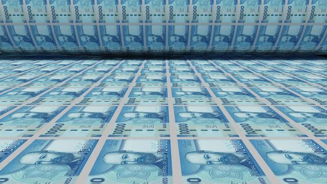 Inflation. Chilean peso banknotes or bills, CLP currency cash in Chile. Stack of money printing machine. Paper process in central bank. Economic, finance. Laundering.Rich exchange. 3d illustration