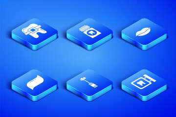 Set Dental clinic location, Teeth with braces, Toothbrush, Toothpaste, Painkiller tablet and Smiling lips icon. Vector