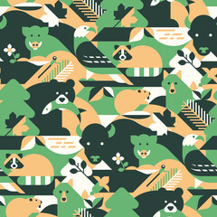 Animals in forest - abstract vector pattern, seamless. Perfect for camouflage fabric, textile, wallpaper. - obrazy, fototapety, plakaty