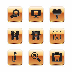 Set Tooth, drill, Dental search, Teeth with braces, Broken tooth, implant, X-ray of and clinic location icon. Vector