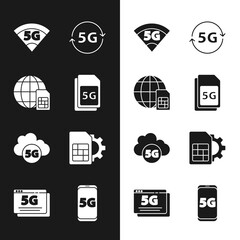 Set 5G Sim Card, Globe, network, Cloud, card setting, Mobile with and icon. Vector