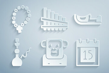 Set Monkey, Indian shoes, Hookah, Independence day, Pan flute and Rosary beads religion icon. Vector