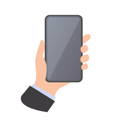 Human hand holding mobile phone. Colored vector flat illustration. Isolated on white background.