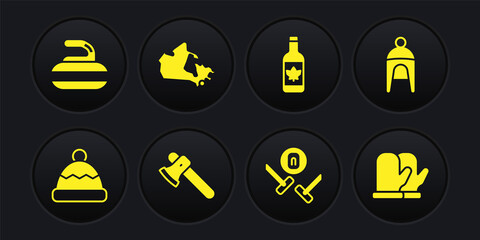 Set Beanie hat, Winter, Wooden axe, Curling sport game, Beer bottle, Canada map, Christmas mitten and Stone for curling icon. Vector