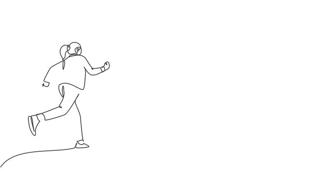 Animated self drawing of continuous line draw young happy energetic businesswoman doing running exercise to reach finish line, from rear view. Business race concept. Full length single line animation.
