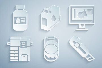 Set Paint bucket, Computer monitor screen, Copy machine, Stationery knife, Printer ink cartridge and bottle icon. Vector