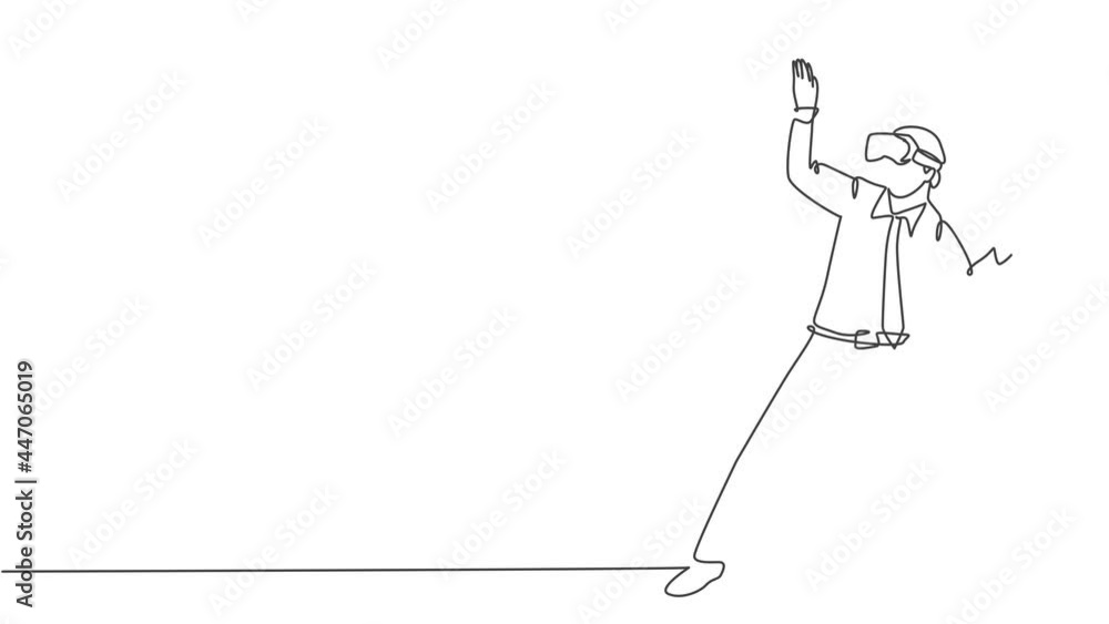 Aufkleber animated self drawing of continuous line draw young happy male manager avoids trap while playing sim