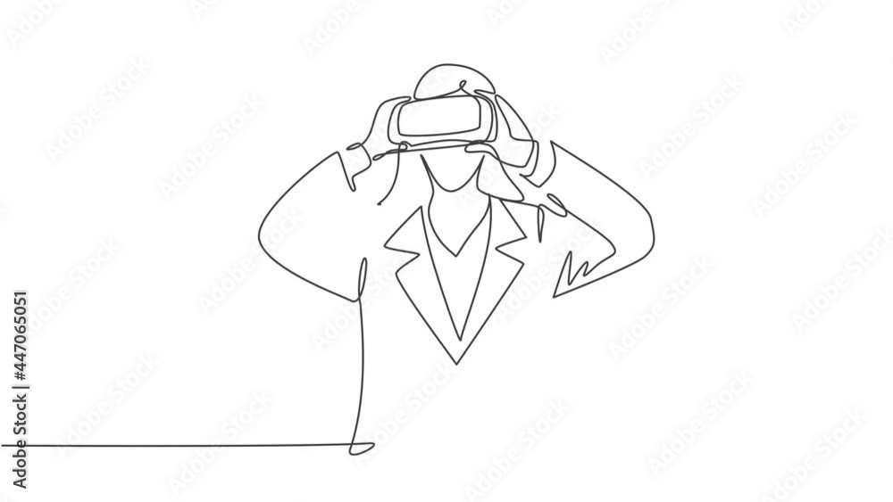 Aufkleber self drawing animation of single line draw female doctor looking digital visual data using virtual r