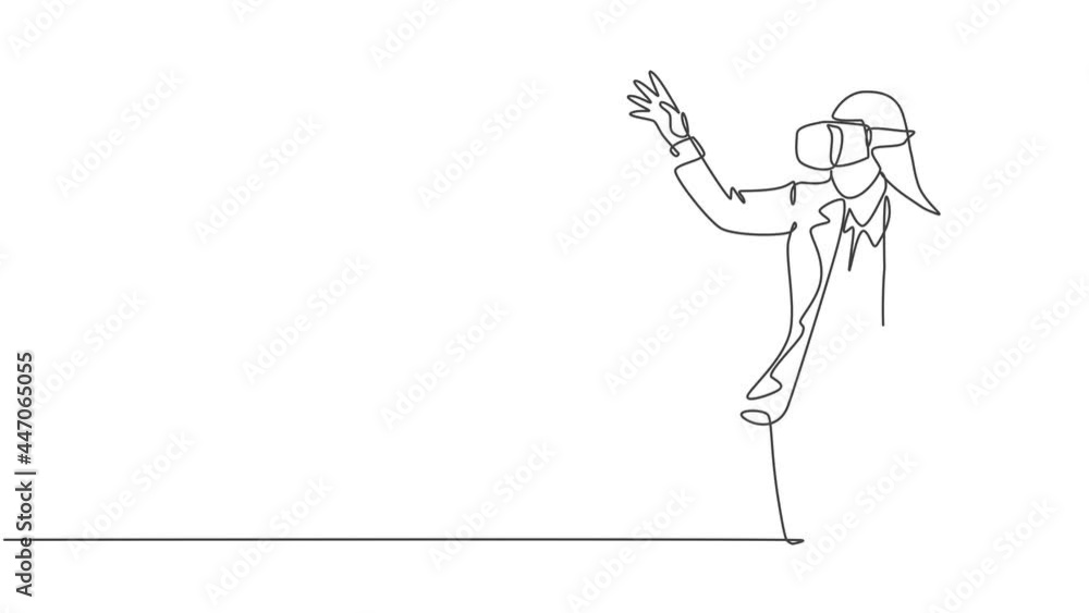Aufkleber animated self drawing of single continuous line draw young happy businesswoman reaching something wh