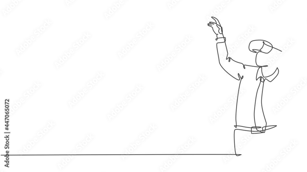 Aufkleber animated self drawing of one continuous line draw young happy businessman pretending to touch button