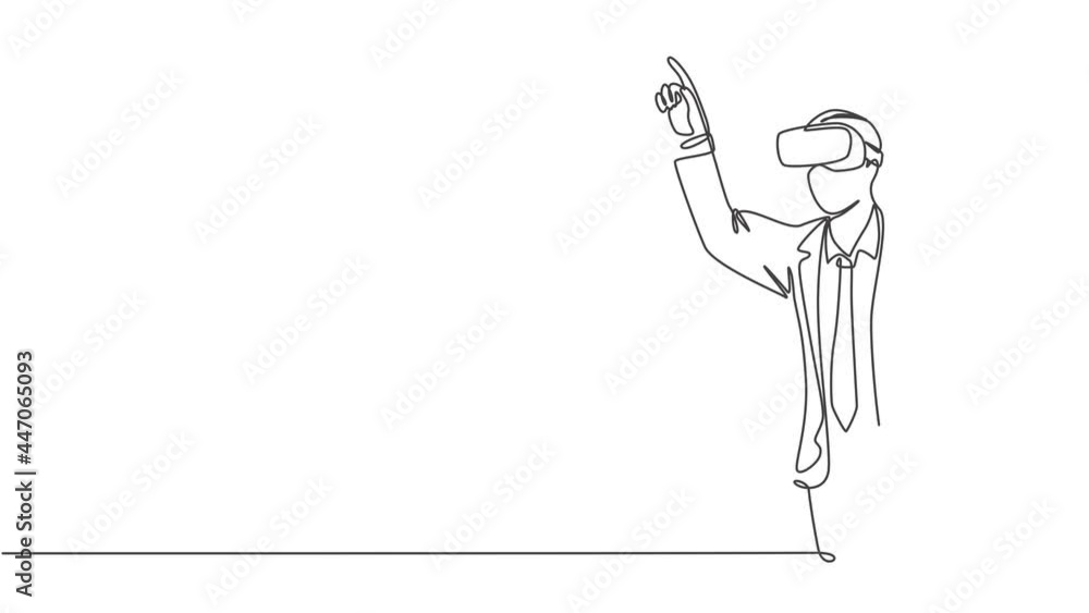 Aufkleber animated self drawing of one continuous line draw young happy businessman pretending to touch button