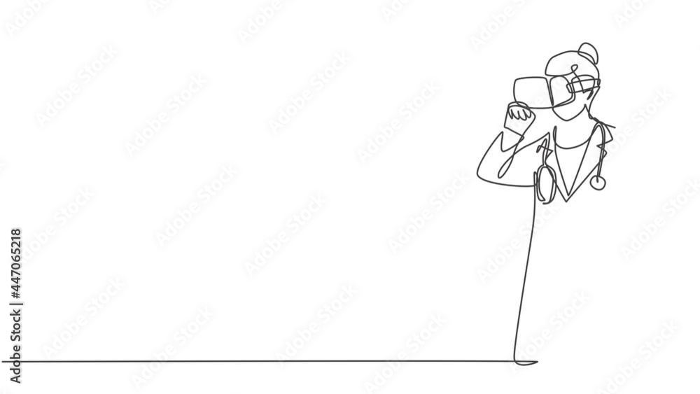 Aufkleber self drawing animation of single line draw female doctor thinking pensively watching visual from vir