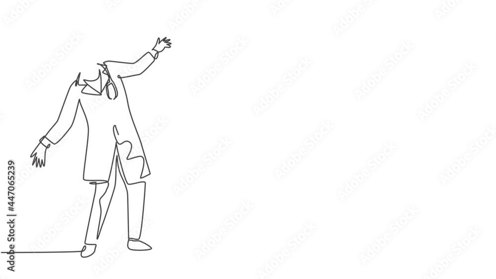 Aufkleber animated self drawing of single continuous line draw young shock female doctor tries avoid obstacle 