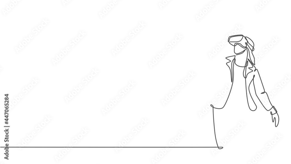 Aufkleber self drawing animation of single line draw businesswoman wearing virtual reality glasses pointing fi