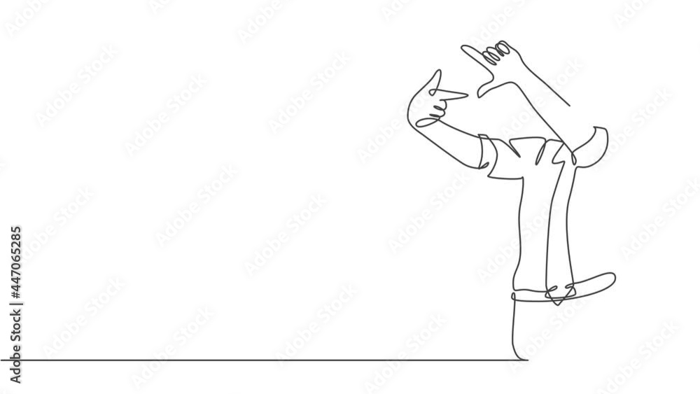Aufkleber animated self drawing of continuous line draw male worker gesture forming square shape from his fing
