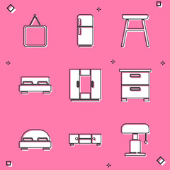 Set Mirror, Refrigerator, Chair, Big bed, Wardrobe, Furniture nightstand, and Chest of drawers icon. Vector